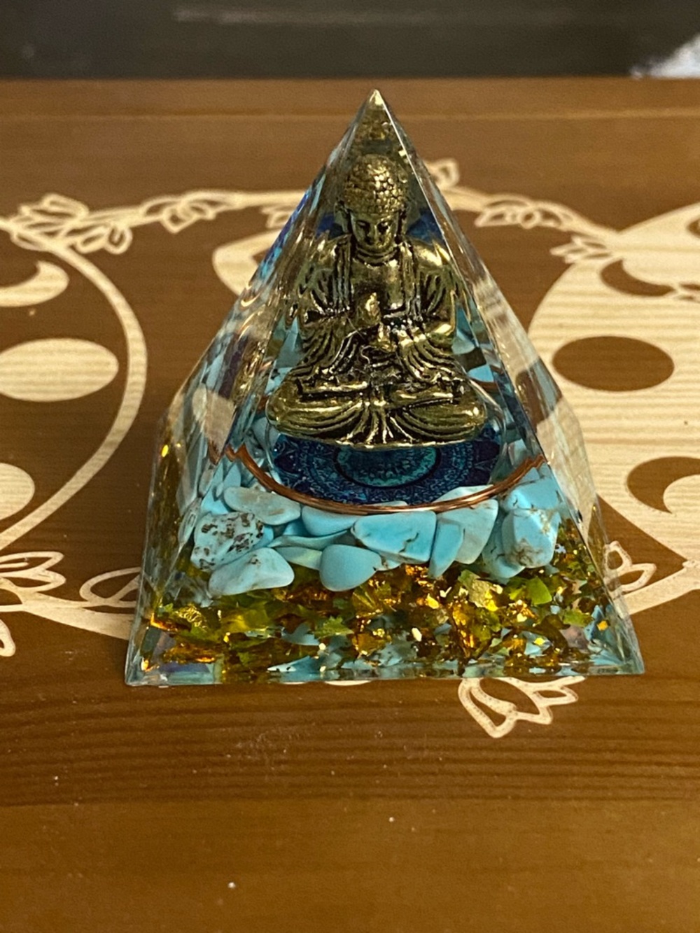 Orgone Pyramid Crystals Focal Point Amethyst Spere, Buddha Statue & Turquoise